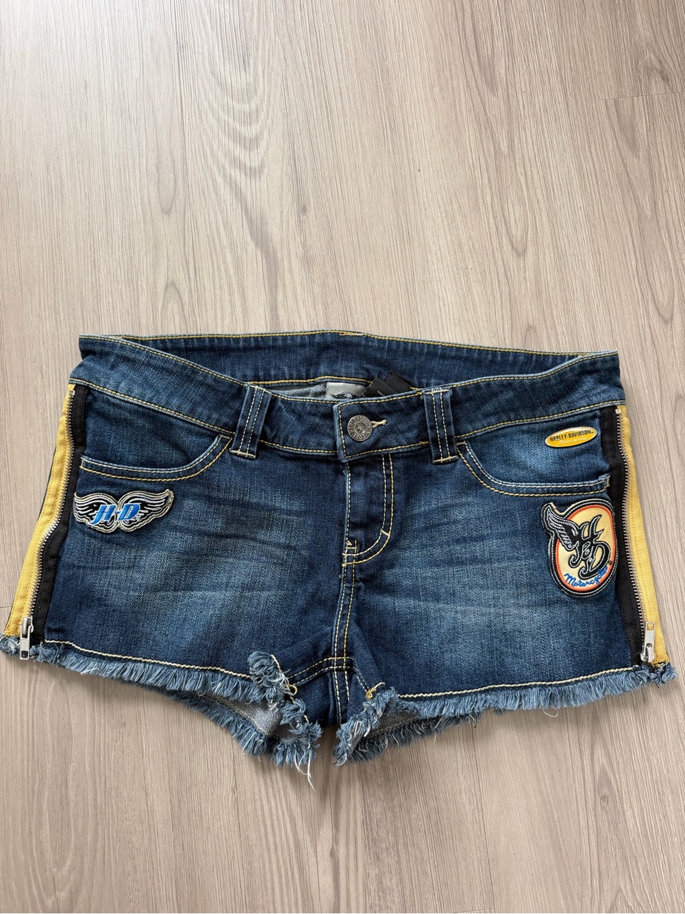 Harley-Davidson Dark Blue Denim Shorts with Yellow Trim and Embroidered Patches